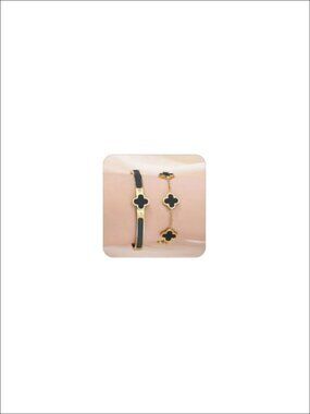 Gold Plated Clover Bangle Bracelet Set 2pcs Stackable Stainless Steel